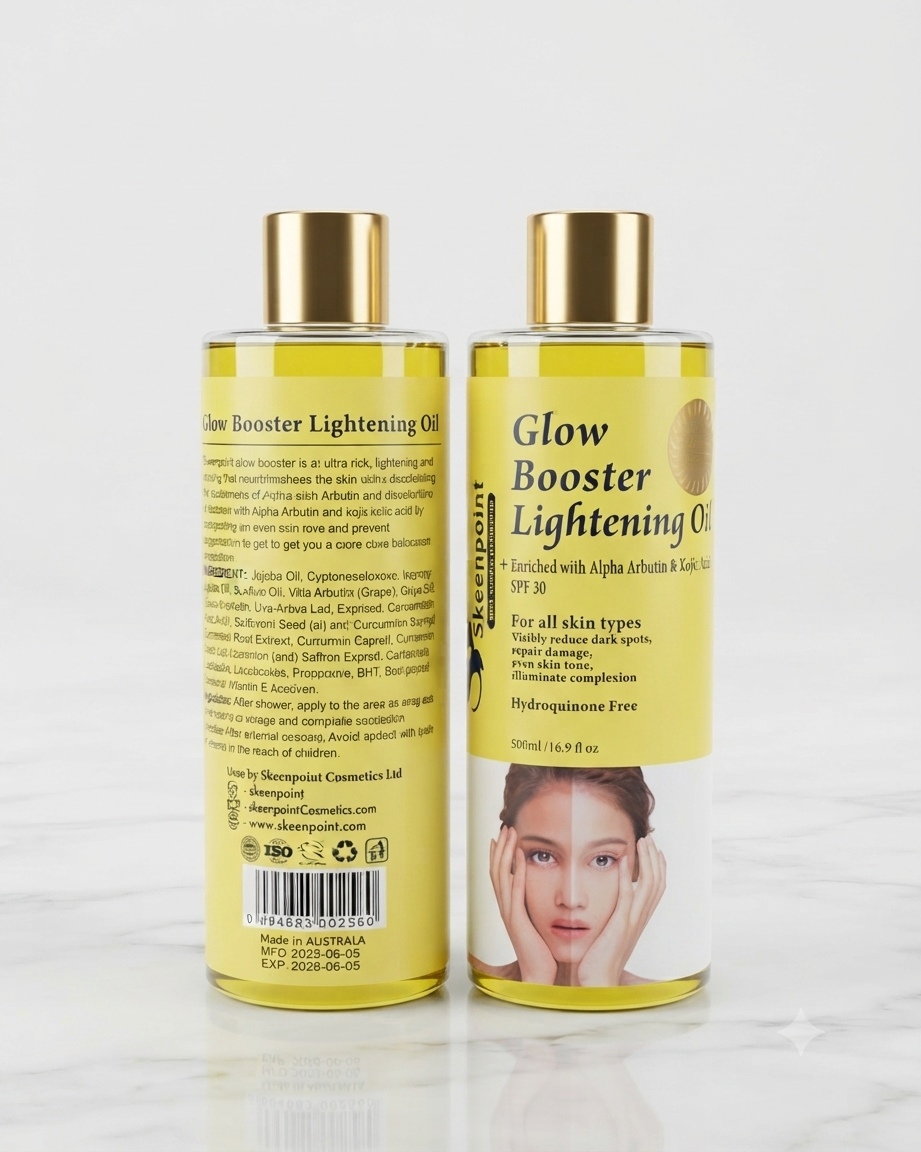 Skeenpoint Glow Booster Oil.
Enriched with Alpha Arbutin and kojic acid - 300ml SPF 30.
100% natural essential oil.